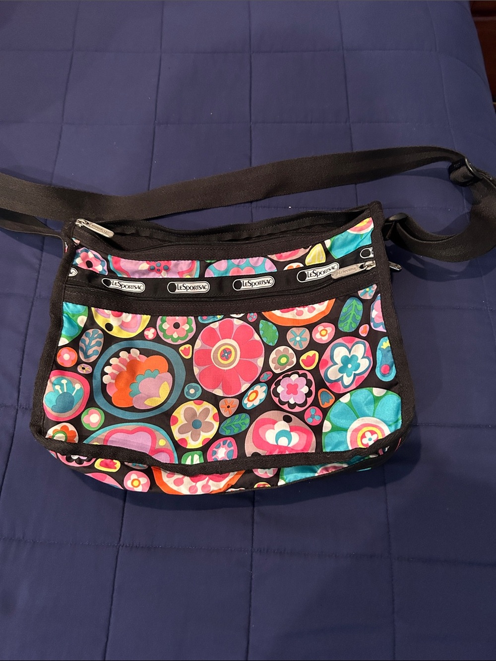 LeSportsac Black Multicolor Floral Circle Crossbody Bag
